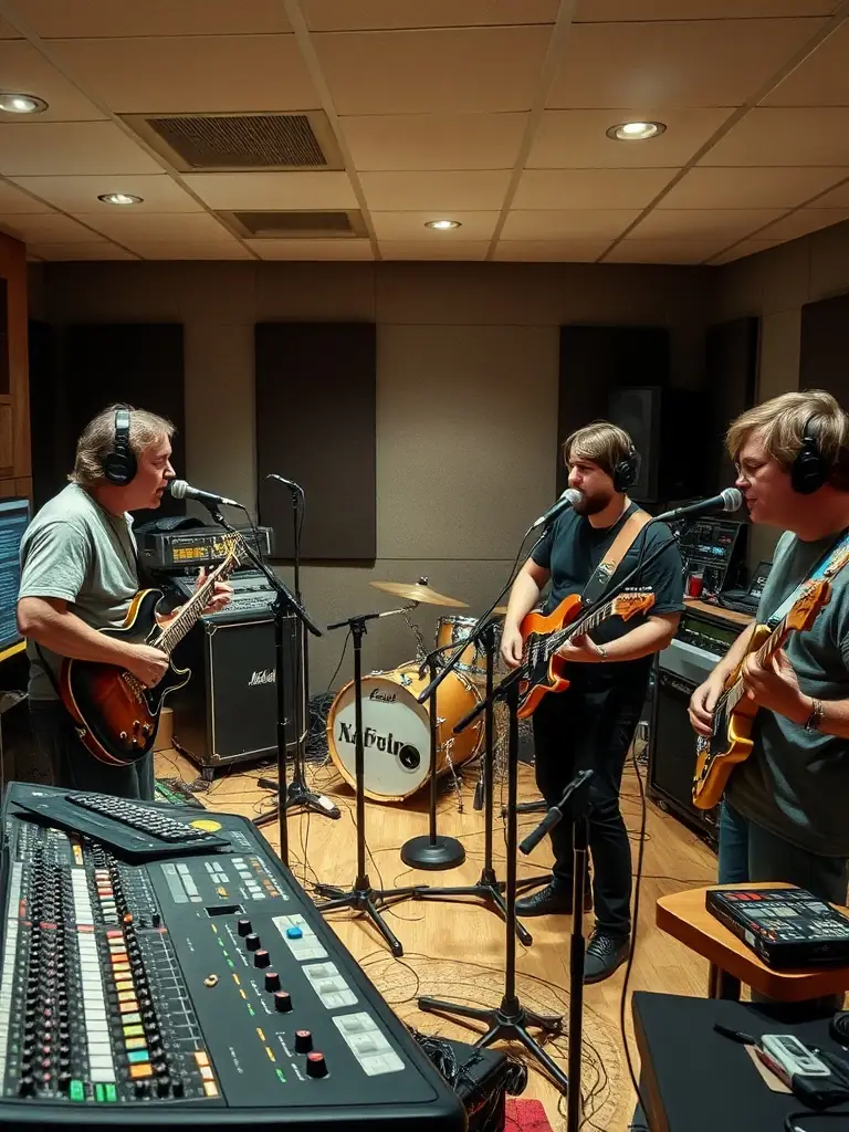 An image of a recording studio session, with the Tapeworms band working on their music with the support of ALL STARS PRODUCTION.