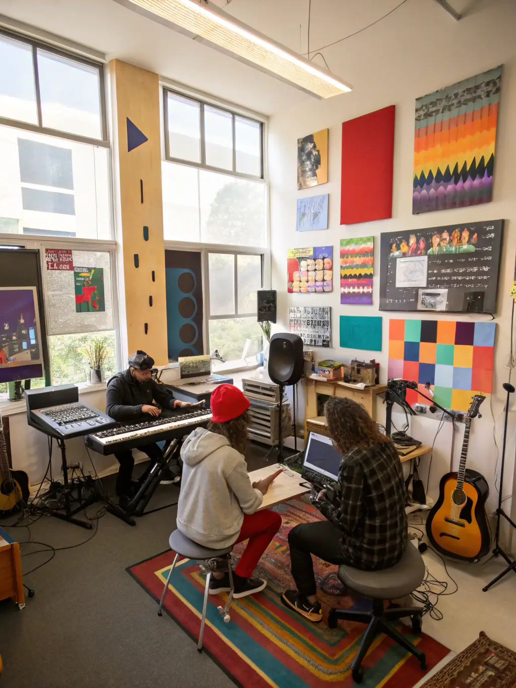 A picture of a workshop where ALL STARS PRODUCTION is teaching music production skills to young aspiring artists.