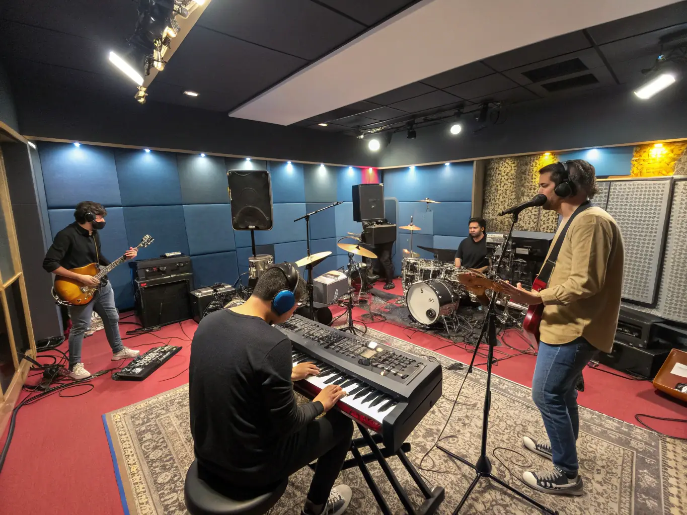 A vibrant photo capturing a Tapeworms band rehearsal session, showcasing musicians collaborating and refining their sound in a supportive environment.